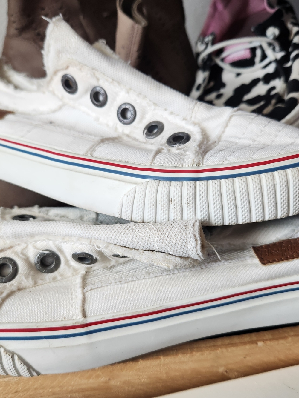 White Low-Top Canvas Sneakers with Red & Blue Stripe